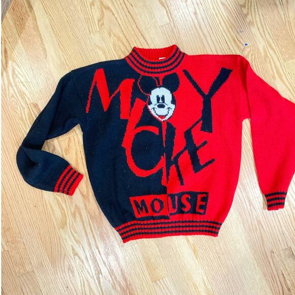 VTG Mickey Mouse Red and Black 100% Knitted Shetland Wool Sweater S - Picture 7 of 10